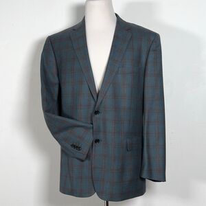 Renoir Double Vent 2 Button Blazer Jacket Mens Sz 46R Green Plaid Wool Linen